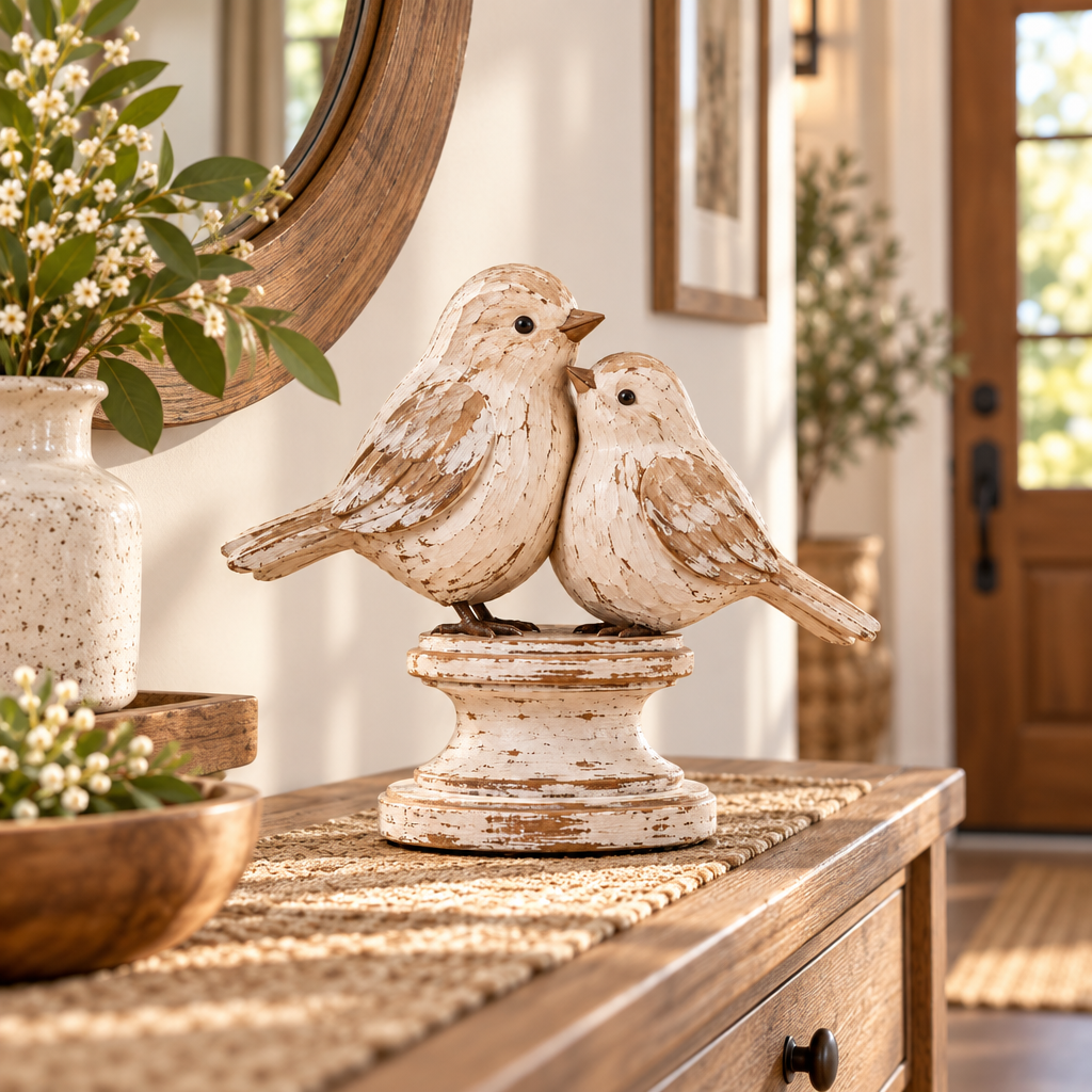 Rustic bird pair styled on farmhouse console
