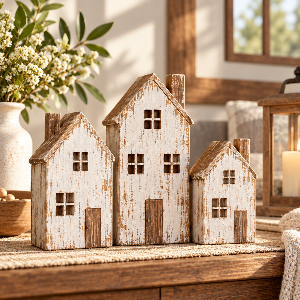 Whitewashed farmhouse houses styled on console